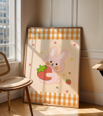 Adorable bunny holding strawberry illustration with gingham pattern