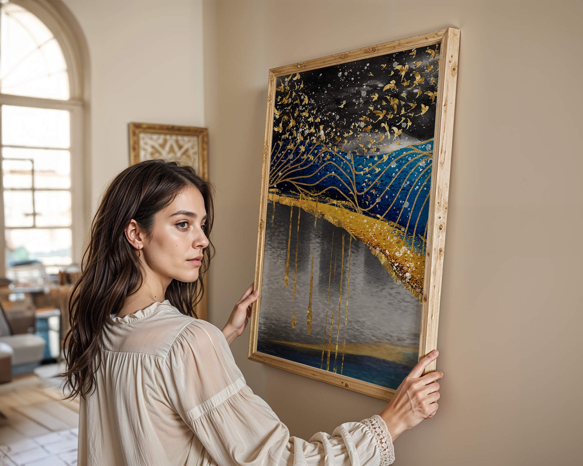Abstract Night Sky With Golden Birds And Waves