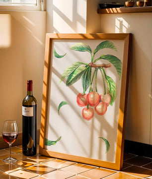 Ilustración realista de rama de cerezo con hojas verdes