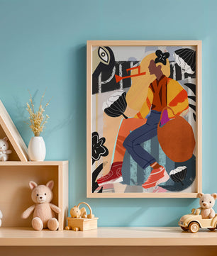 Colorful abstract fashion illustration with floral and geometric elements