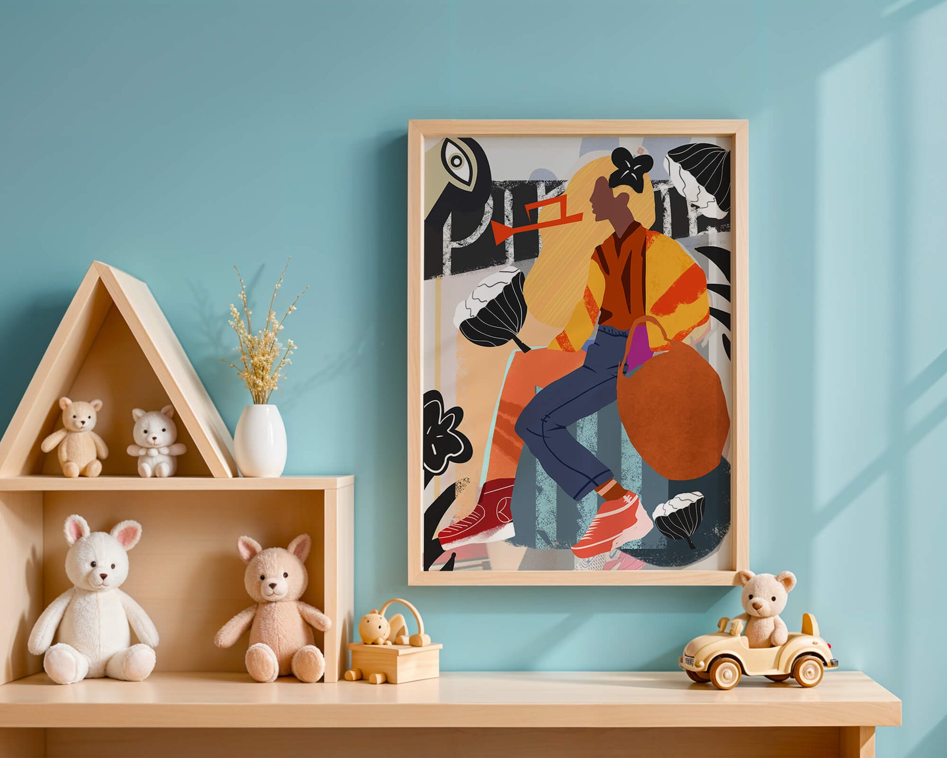 Colorful abstract fashion illustration with floral and geometric elements