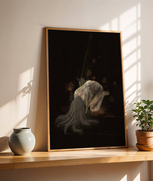 Abstract depiction of a figure surrounded by floral elements