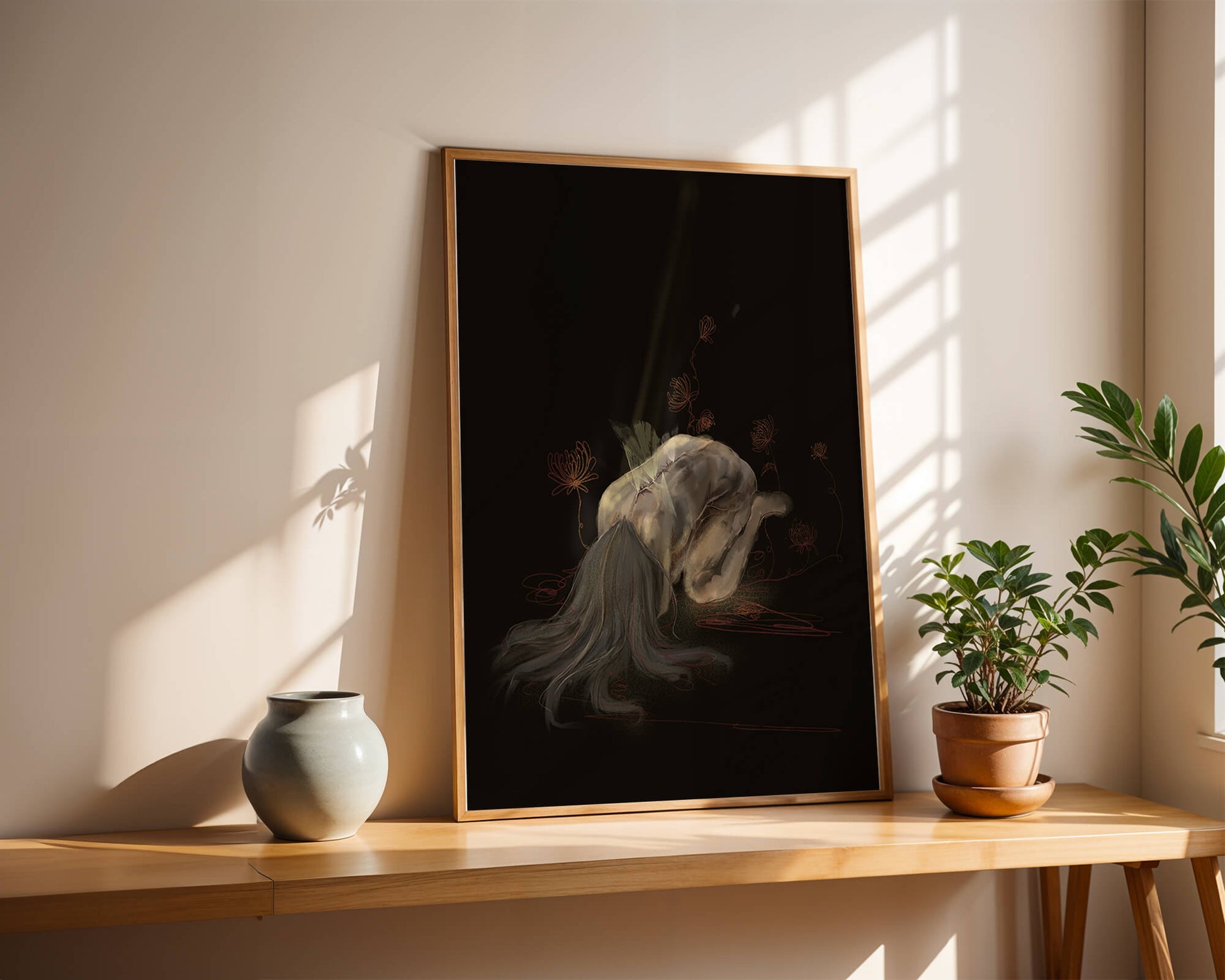 Abstract depiction of a figure surrounded by floral elements