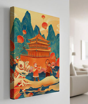 Traditionelles chinesisches Fest mit Laternen und Löwentanz