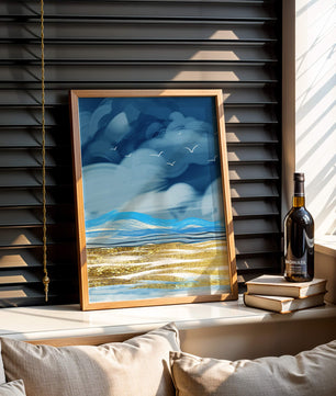 Dynamic Ocean Waves Under Cloudy Sky With Seagulls And Gold-Tinted Sand