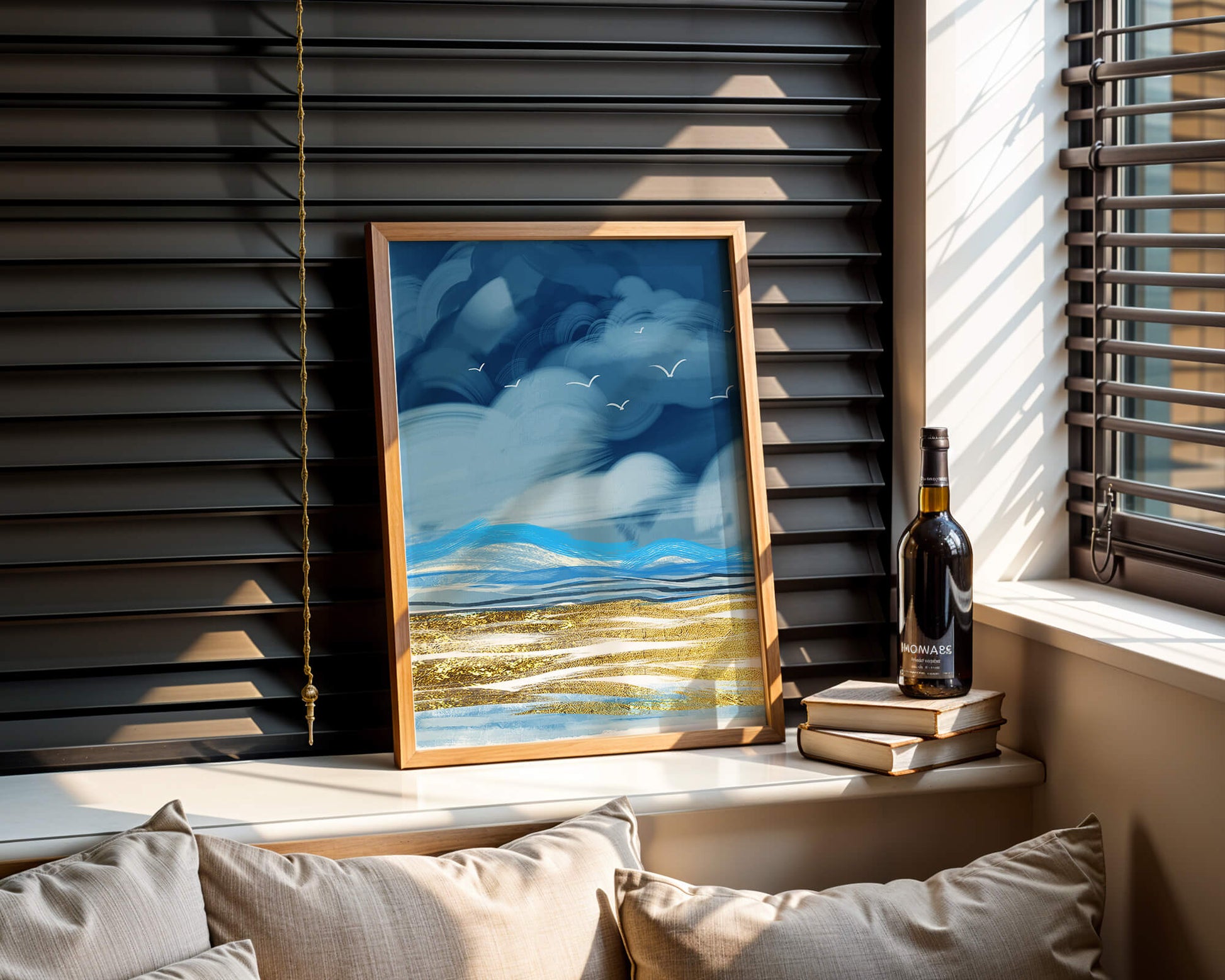 Dynamic Ocean Waves Under Cloudy Sky With Seagulls And Gold-Tinted Sand