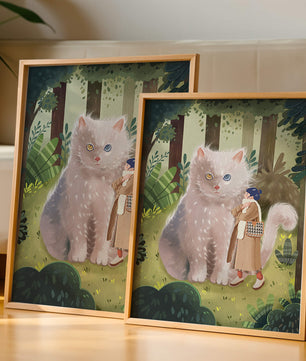 Verzauberter Wald mit einer riesigen Katze und einer Frau