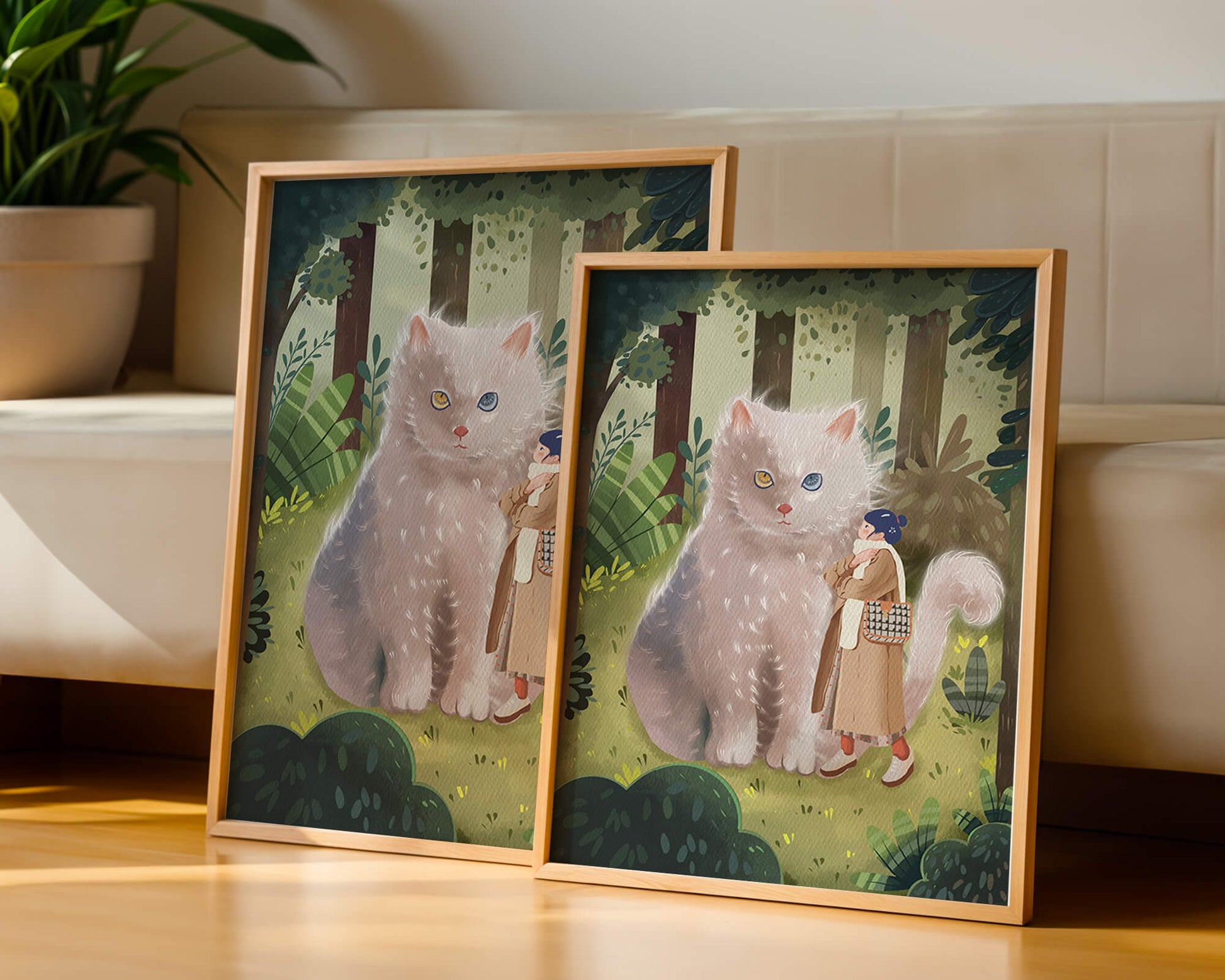 Verzauberter Wald mit einer riesigen Katze und einer Frau