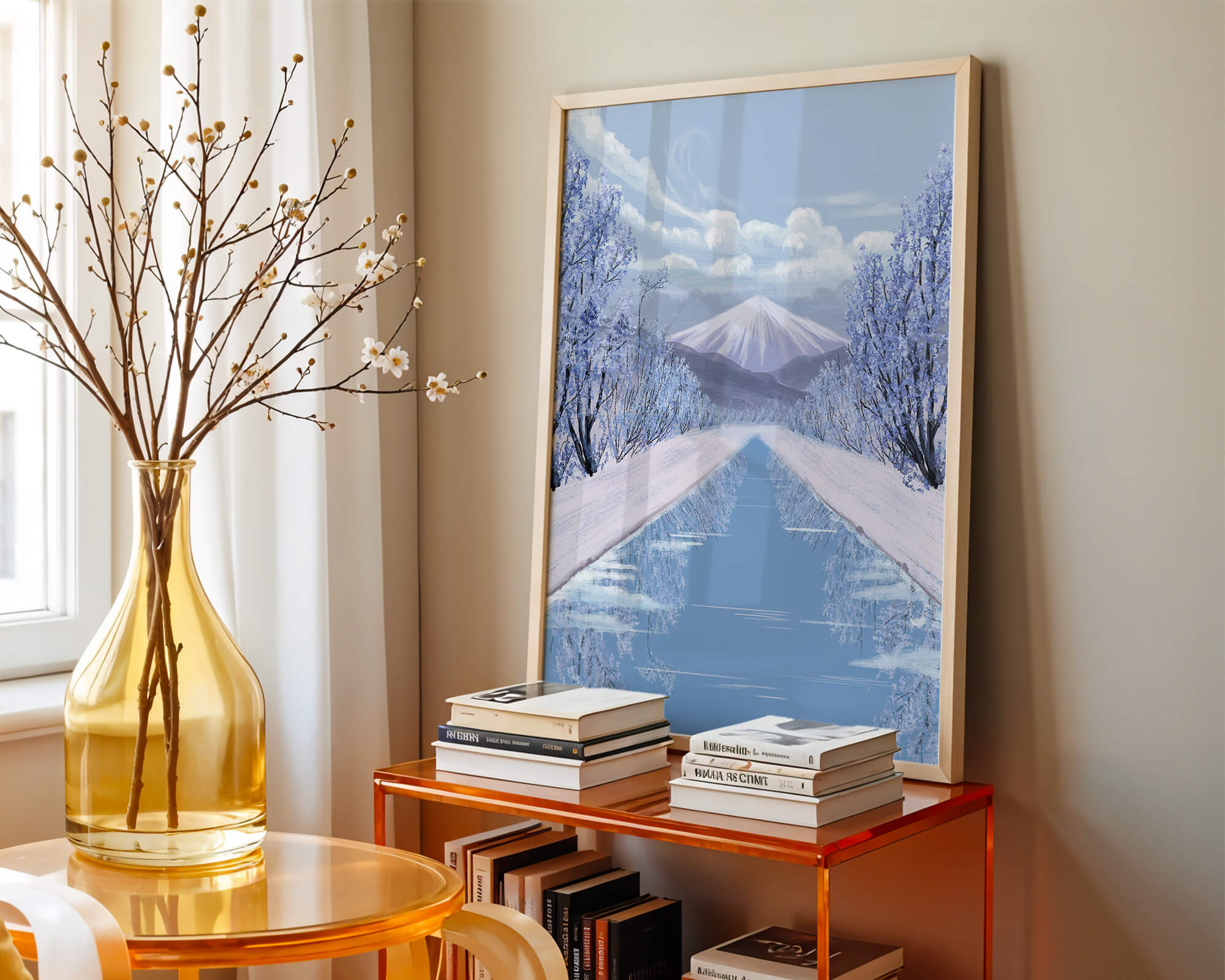 Serene winter landscape with mountain and snowy trees reflecting in water