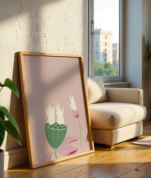 Whimsical Rabbits on Lotus with Pink Background