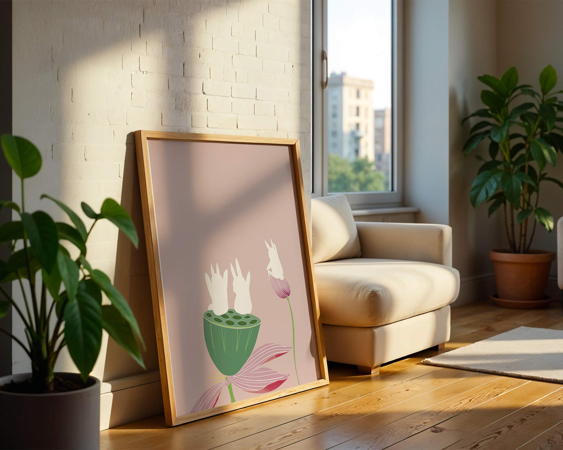 Whimsical Rabbits on Lotus with Pink Background