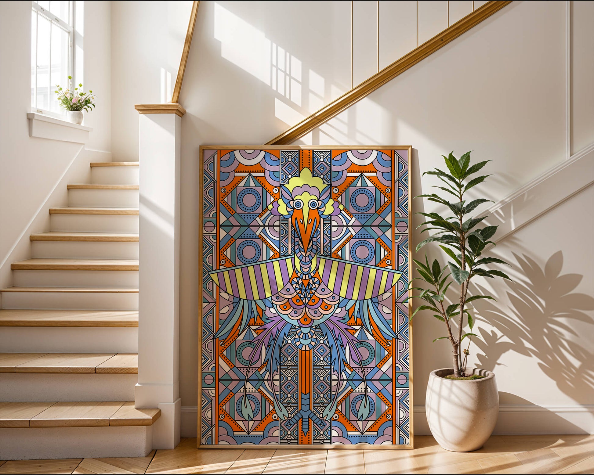 Oiseau géométrique coloré avec motifs détaillés