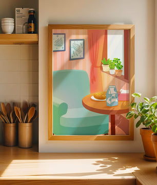 Sala de estar acogedora con mesa y cartón de leche