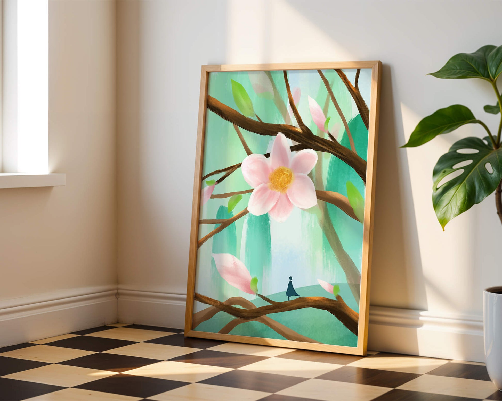 Serene floral artwork with large pink flower on tree branches