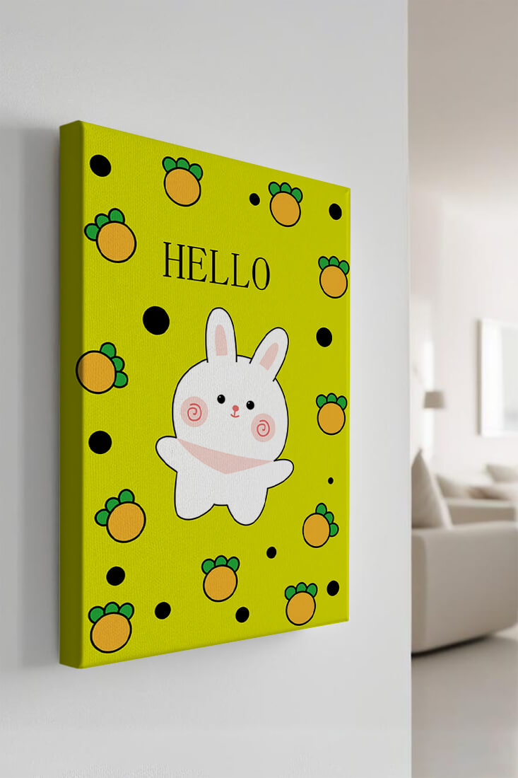 Charming rabbit cartoon illustration on yellow background with orange elements