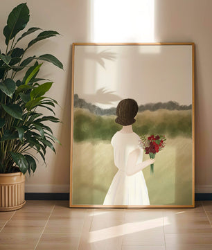 Woman in White Dress Holding Bouquet Facing Nature