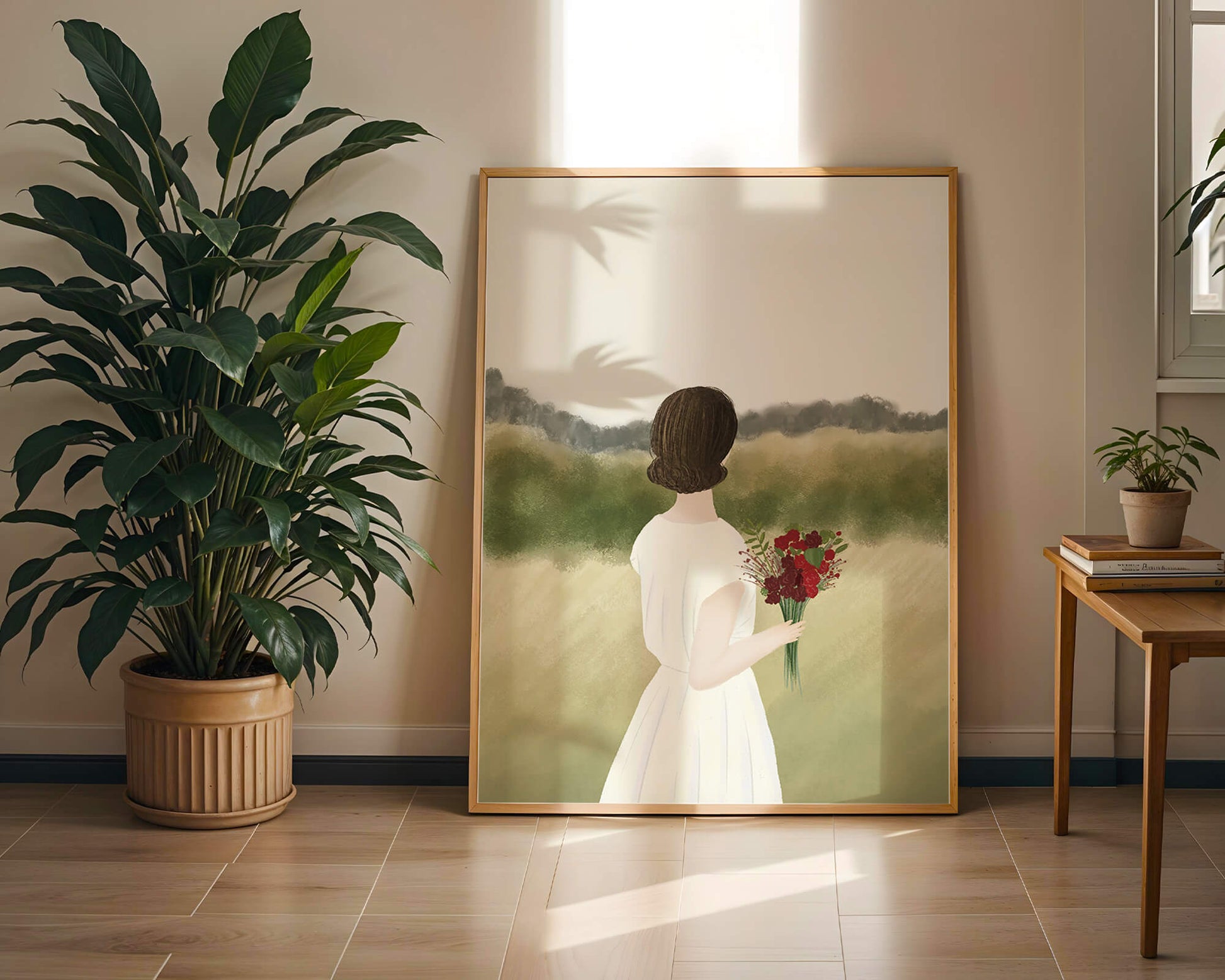 Woman in White Dress Holding Bouquet Facing Nature
