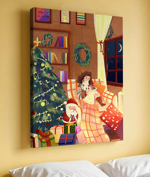 Cozy Christmas scene with tree, gifts, and a child by the window