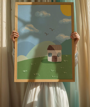 Illustration of a small house on a sunny hillside with clouds in a blue sky