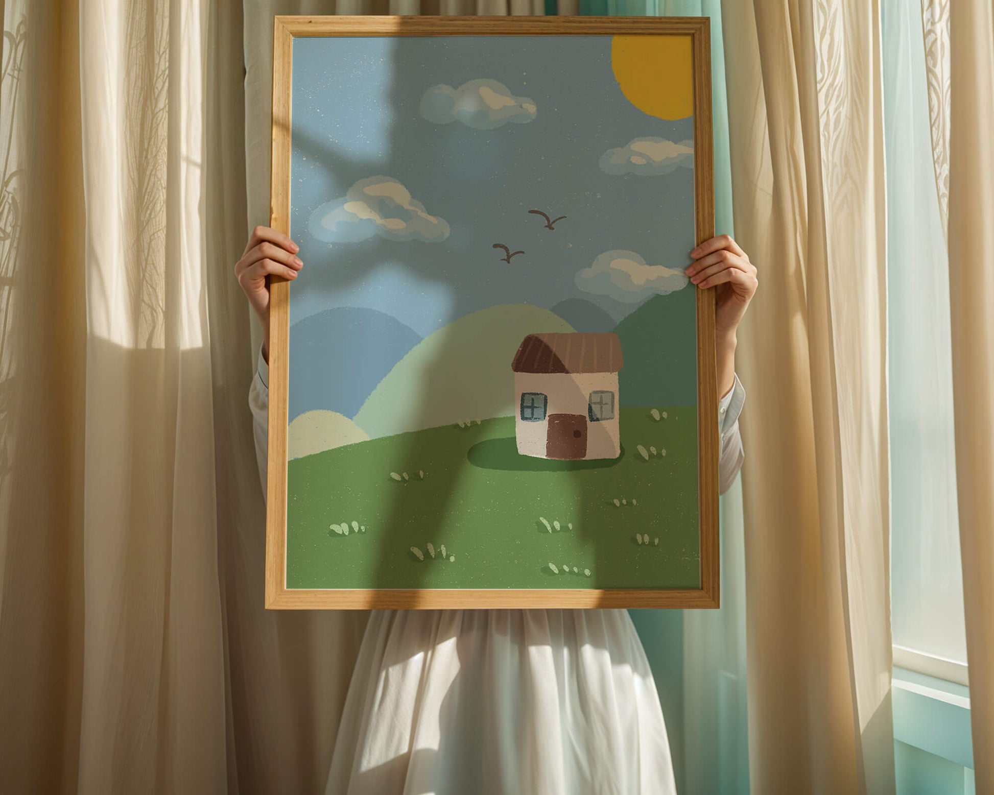 Illustration of a small house on a sunny hillside with clouds in a blue sky