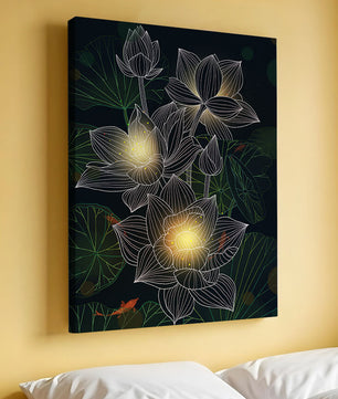 Lotus Flowers with Glowing Accents and Koi Fish Underwater