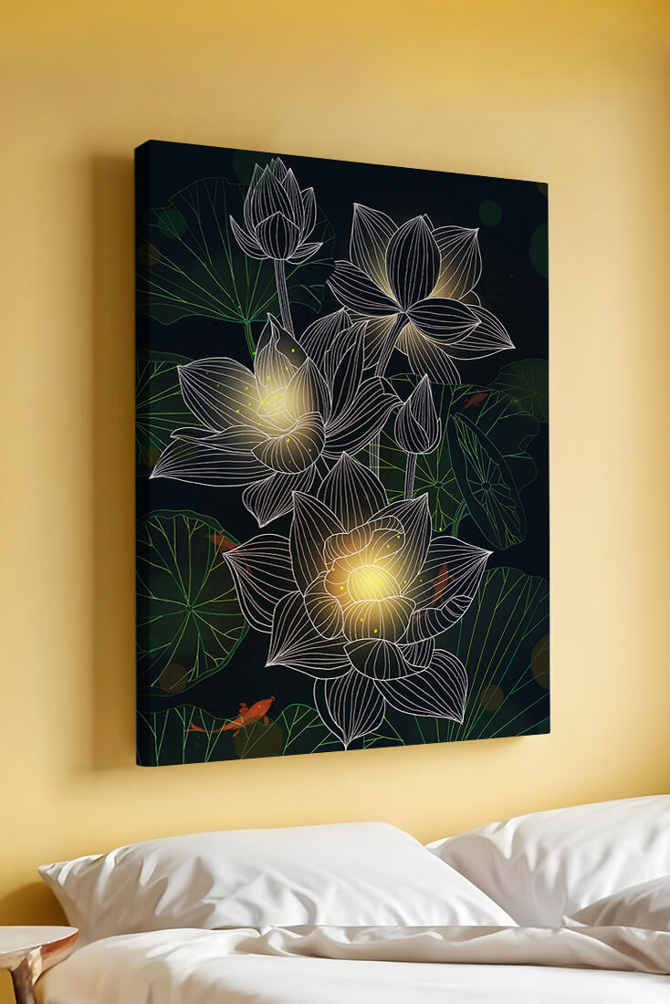 Flores de loto con detalles luminosos y peces koi bajo el agua