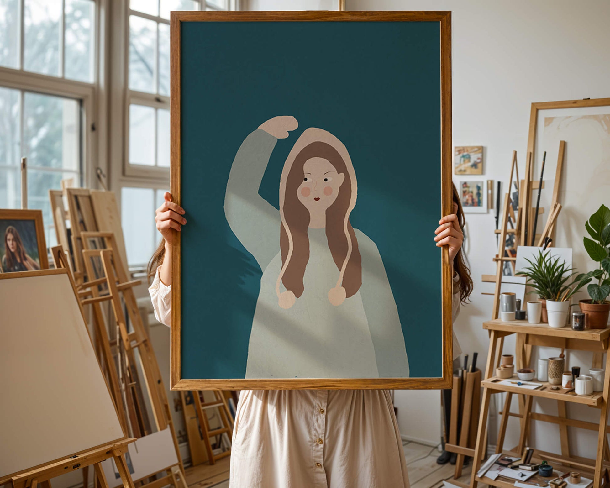 Illustrated girl with hoodie on teal background