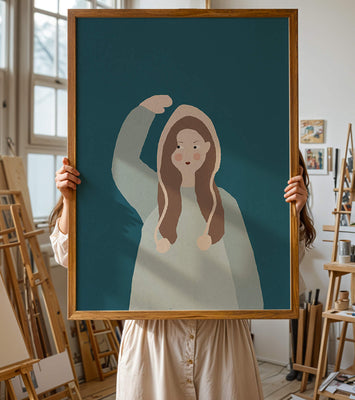 Illustrated girl with hoodie on teal background