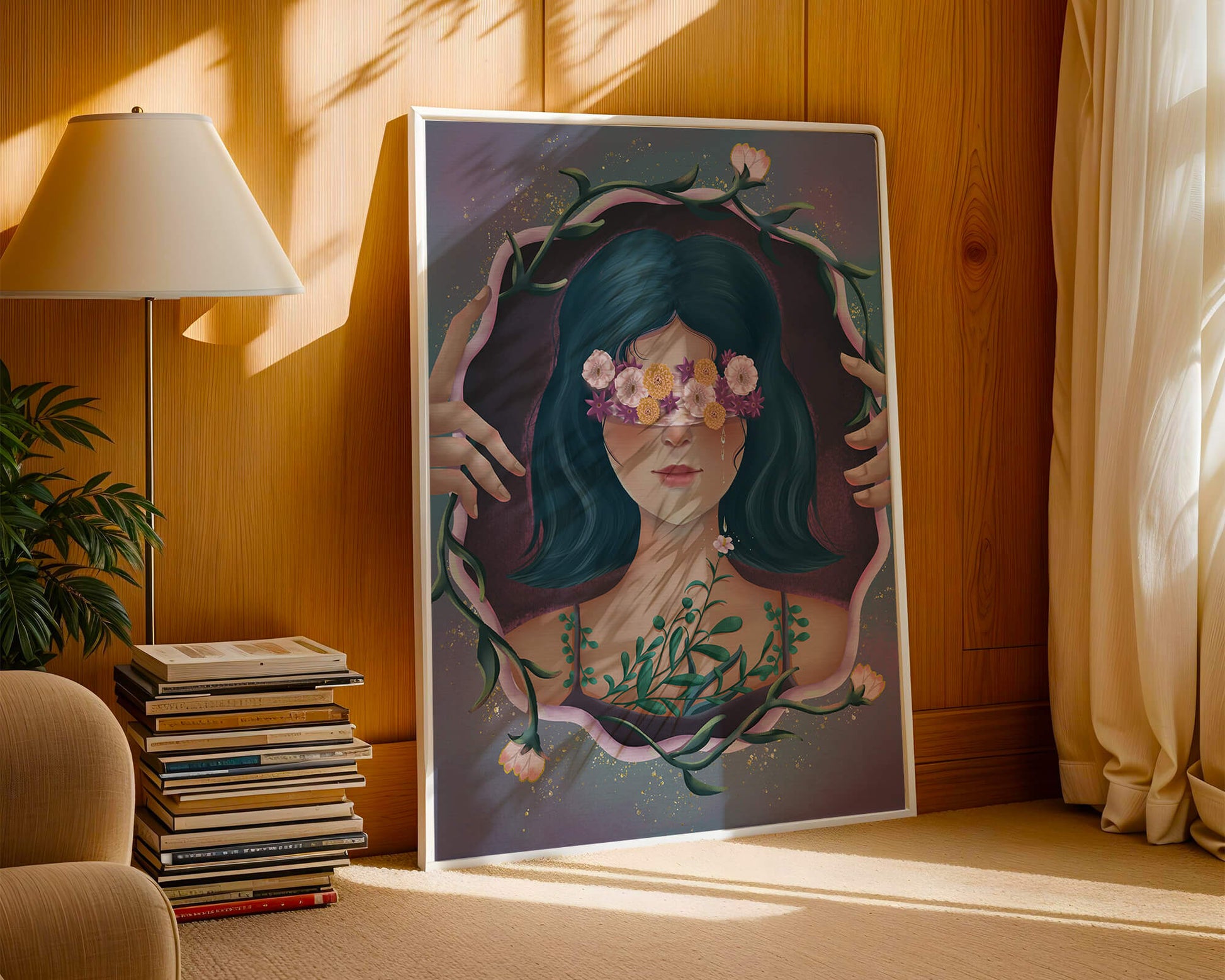 Retrato encantador de una mujer con ojos florales y cabello oscuro