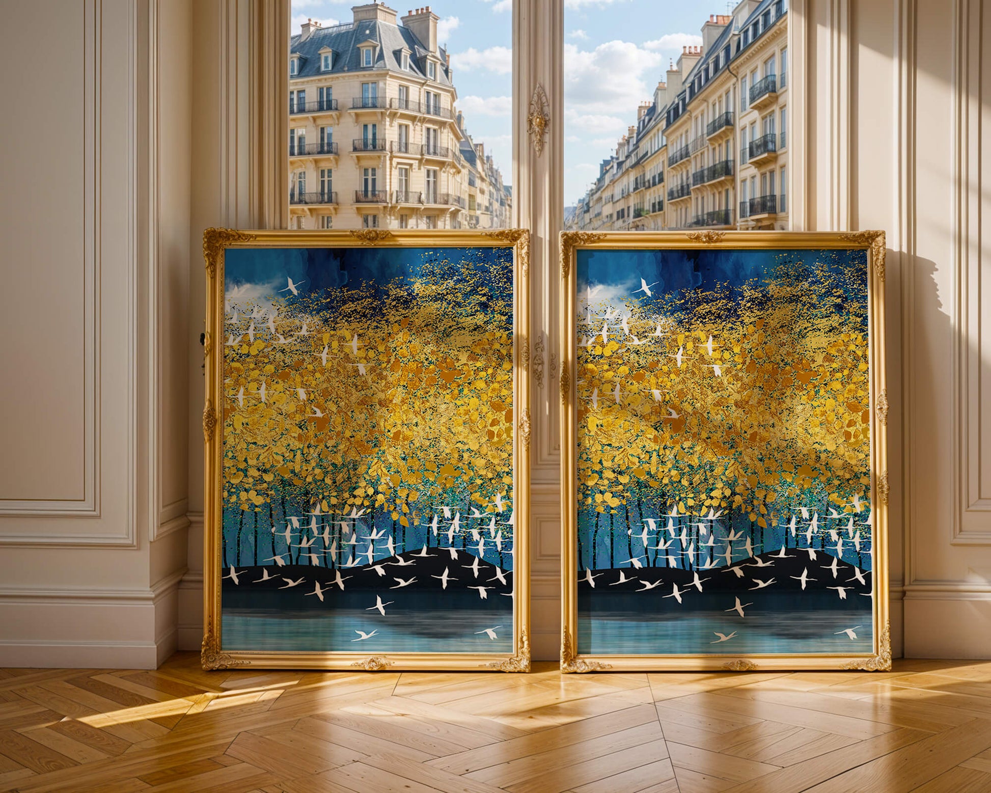 Paisaje abstracto con follaje dorado y pájaros volando