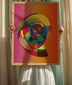 Vibrant abstract geometric shape with multicolored spiral on gradient background