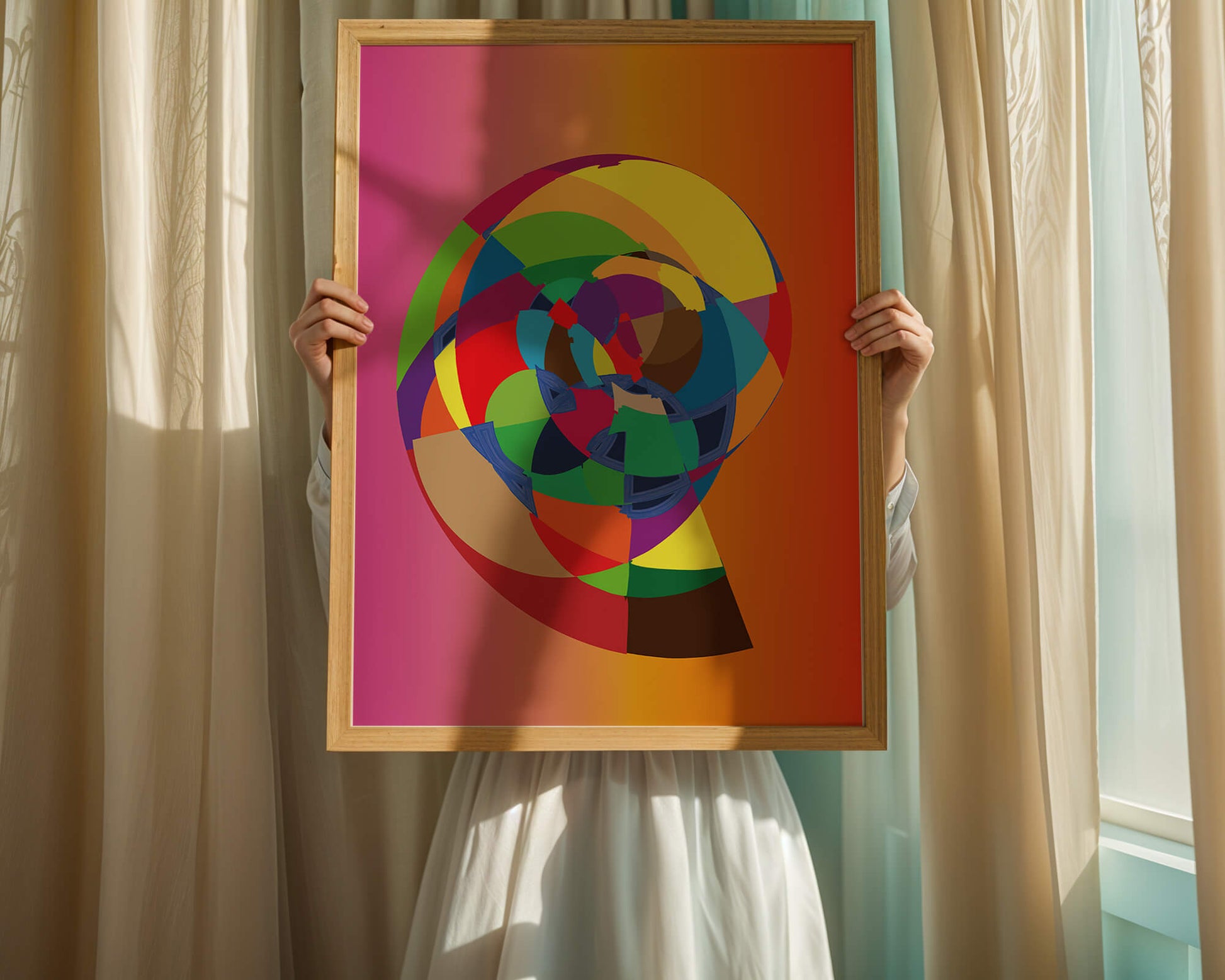 Vibrant abstract geometric shape with multicolored spiral on gradient background