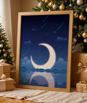 Serene night sky with crescent moon reflecting on water