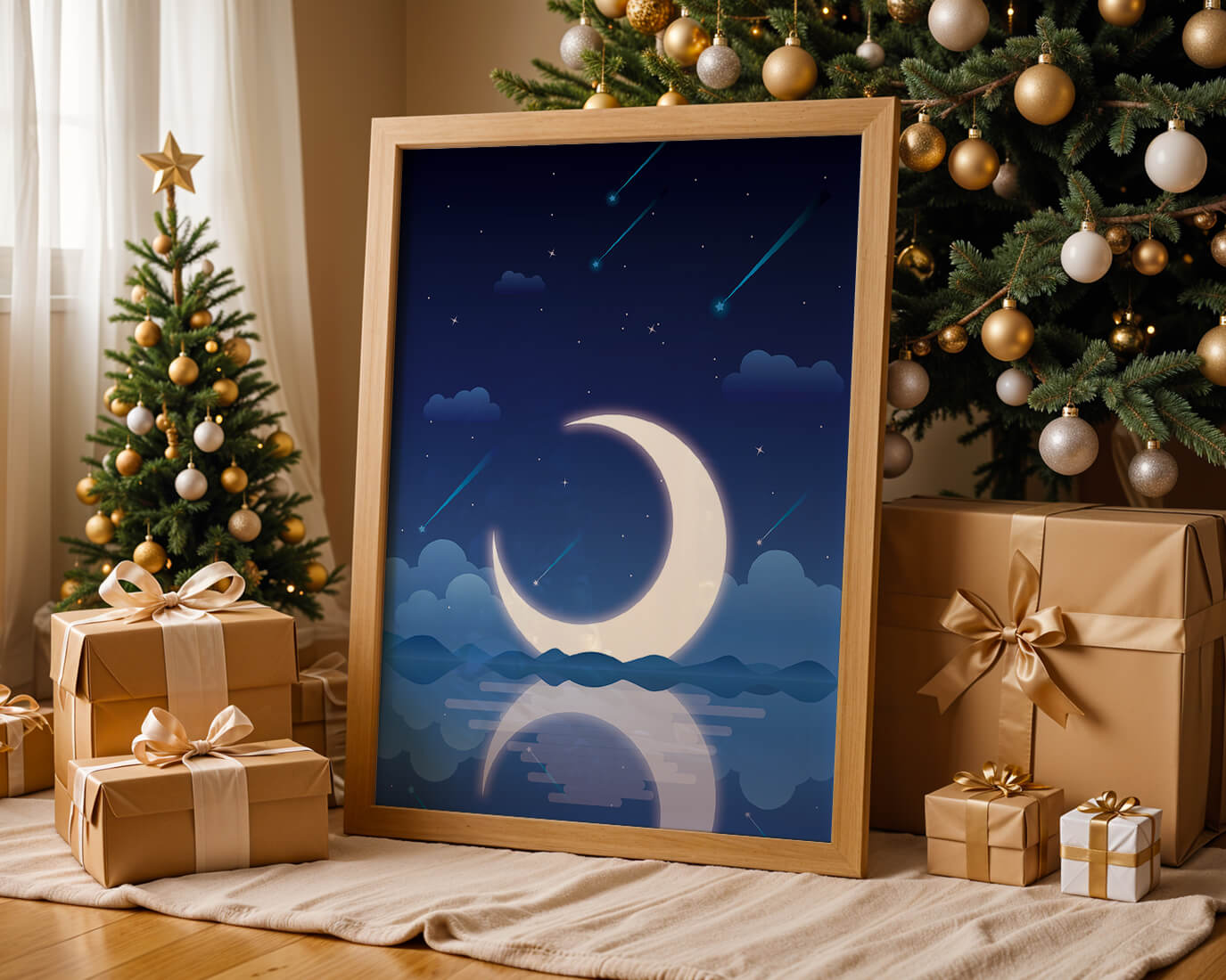 Serene night sky with crescent moon reflecting on water