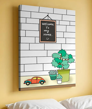 Kreidetafel-Schild mit Topfpflanzen und Spielzeugauto auf Ziegelmauer-Hintergrund