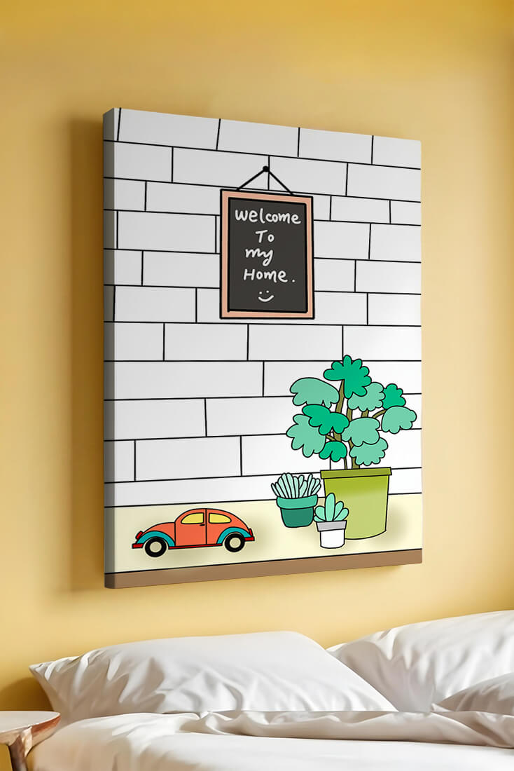 Kreidetafel-Schild mit Topfpflanzen und Spielzeugauto auf Ziegelmauer-Hintergrund