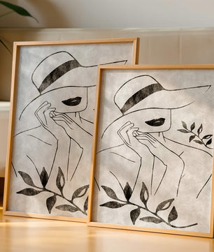 Abstract Woman in Hat with Minimalist Leaf Design