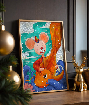 Whimsical illustration of a mouse riding a golden fish in a vibrant fantasy setting