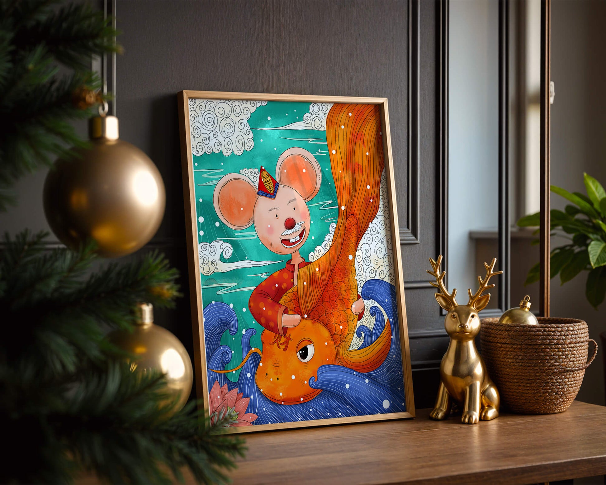 Whimsical illustration of a mouse riding a golden fish in a vibrant fantasy setting