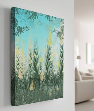 Serene Garden with Tall Green Leaves and Yellow Flowers Under Blue Sky