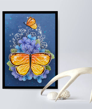 Bright butterfly with blue flowers on a starry background