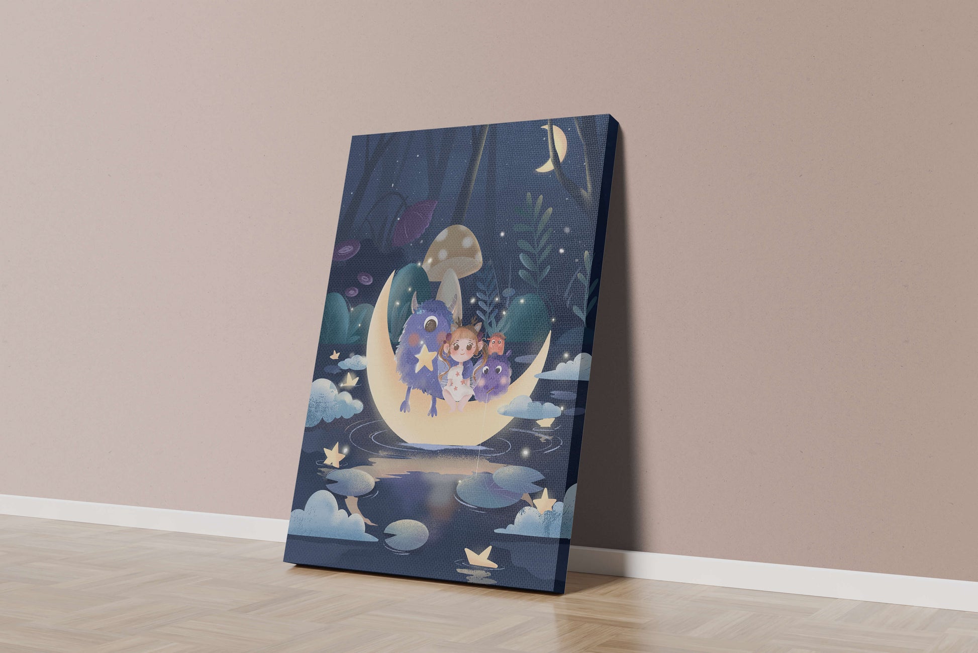 Dreamy night scene with a child and friendly monsters on a crescent moon