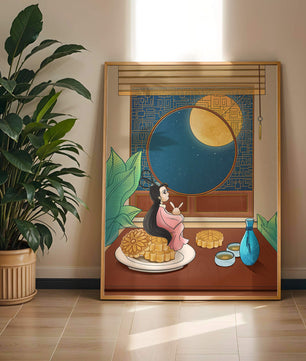 Tranquila escena nocturna con pasteles de luna y una figura mítica