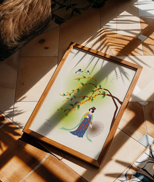 Traditional Chinese painting featuring a woman with flowers and butterflies