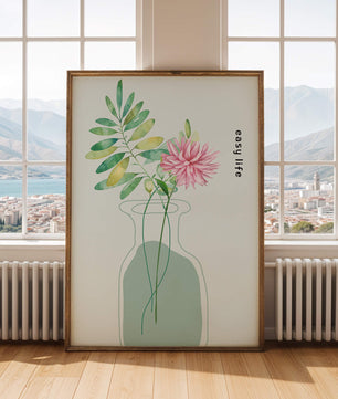 Arreglo floral de acuarela con verdor en un jarrón de vidrio