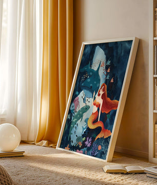 Underwater scene with a mermaid interacting with sea creatures in a vibrant ocean cave