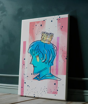Illustration artistique d’un personnage au visage bleu avec une couronne dorée sur un fond abstrait