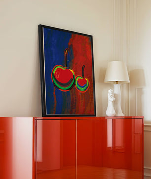 Pintura abstracta de cerezas con colores vibrantes