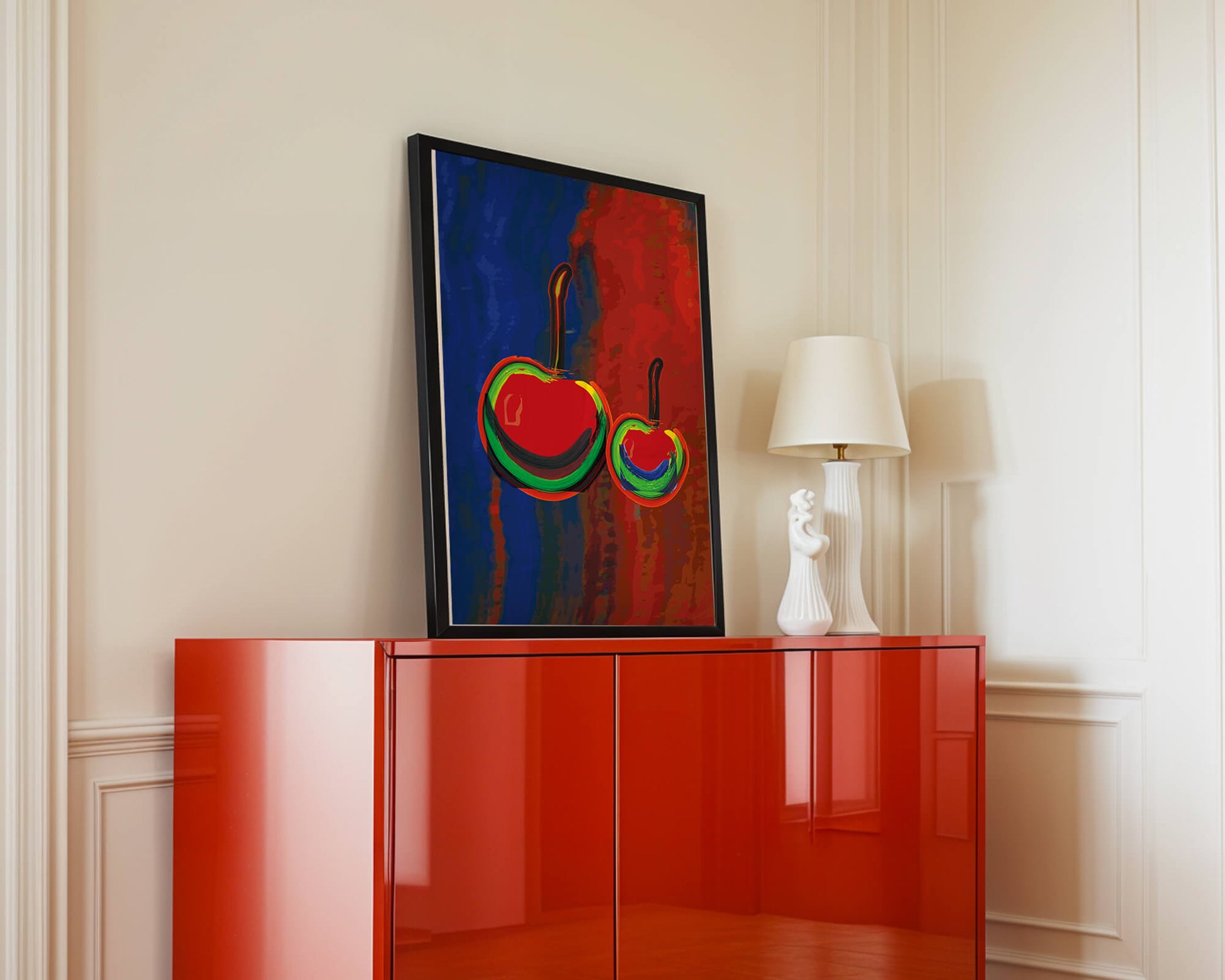 Pintura abstracta de cerezas con colores vibrantes.