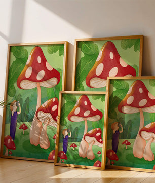 Playful illustration of a child with oversized mushrooms in a whimsical forest setting